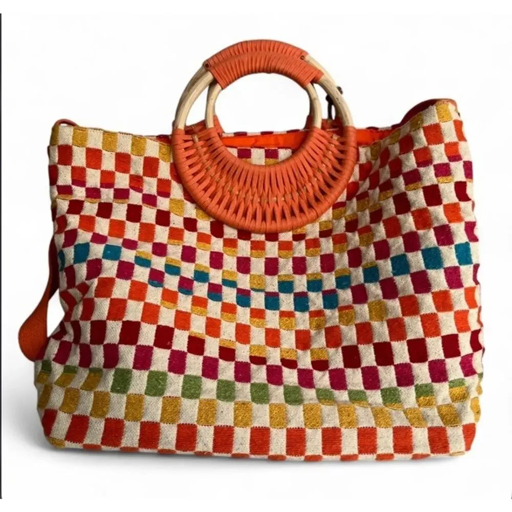America & Beyond Sunshine Tote Bag Woven Checker Multicolor Tassel Boho Beach